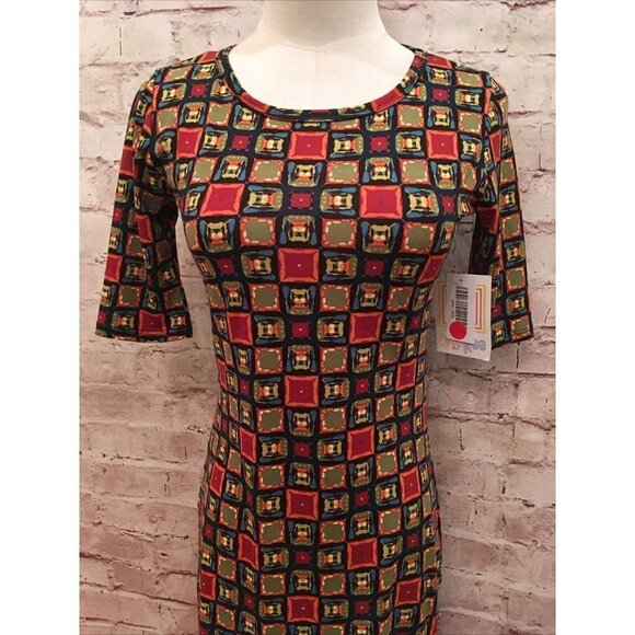 LuLaRoe JULIA Pencil Sheath Dress Womens XXS Maroon Multi Color Square Print NEW - Picture 2 of 3